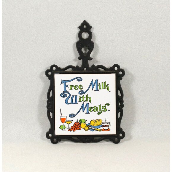 Vintage Trivet Free Milk With Meals Ceramic Tile Cast Metal Hot Pad Wall Hanger - Picture 1 of 3